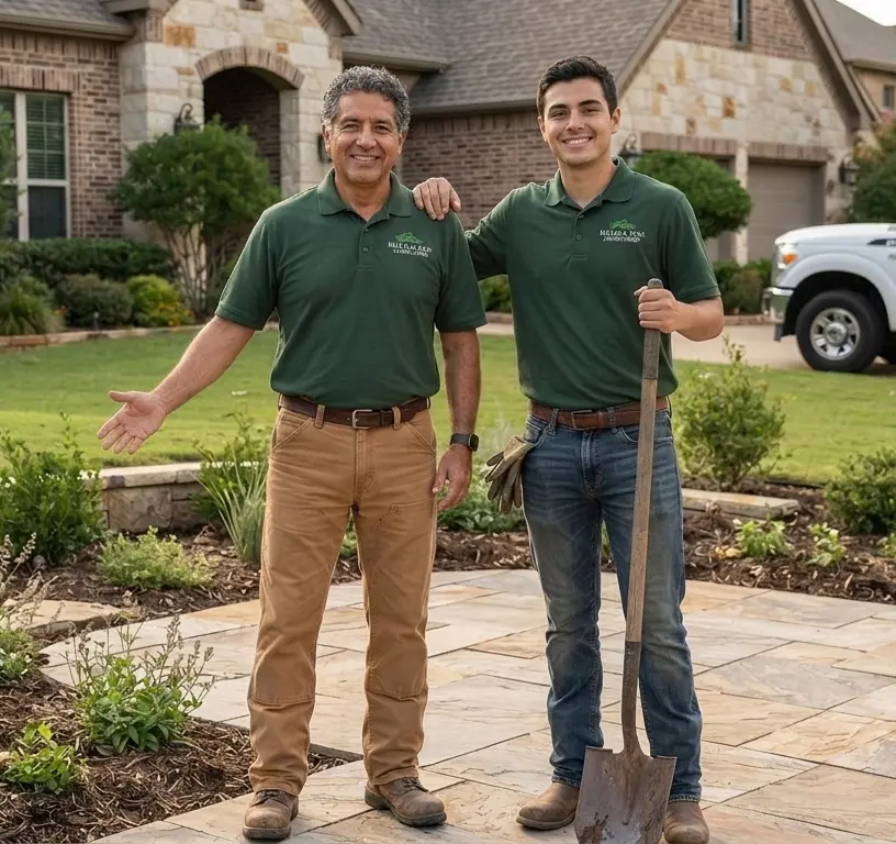 Elias Miller and his son standing together at a completed landscaping project